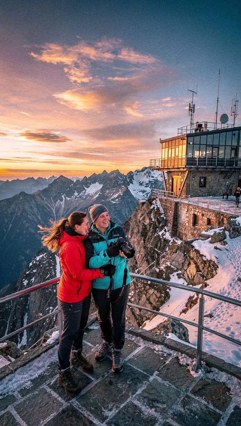 A group of tourists taking photographs at a scenic viewpoint, with breathtaking mountain vistas in the background.